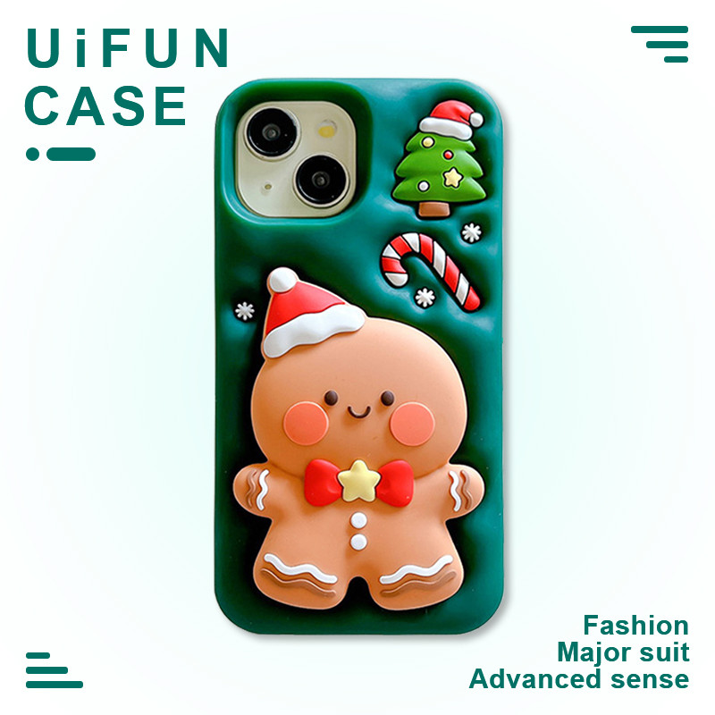 3d น่ารักคริสต์มาส Gingerbread Man ผู้ถือขาตั้งโทรศัพท์มือถือกรณีเข้ากันได้สําหรับ iPhone 16 15 14 13 Pro Max ซิลิโคน Drop ทนฝาครอบปลอก