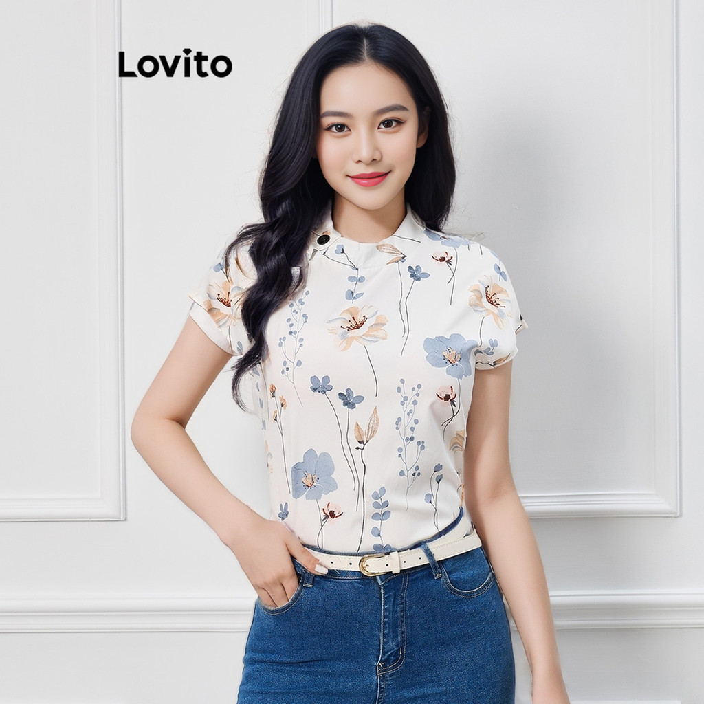 Lovito เสื้อเบลาส์ผู้หญิง แต่งกระดุม พิมพ์ลายดอกไม้ สไตล์ลำลอง LBL09250