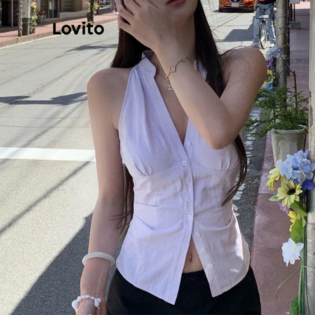 Lovito เสื้อแขนกุดผู้หญิง มีกระดุม แต่งจีบ สีพื้น สไตล์ลำลอง LNE66466