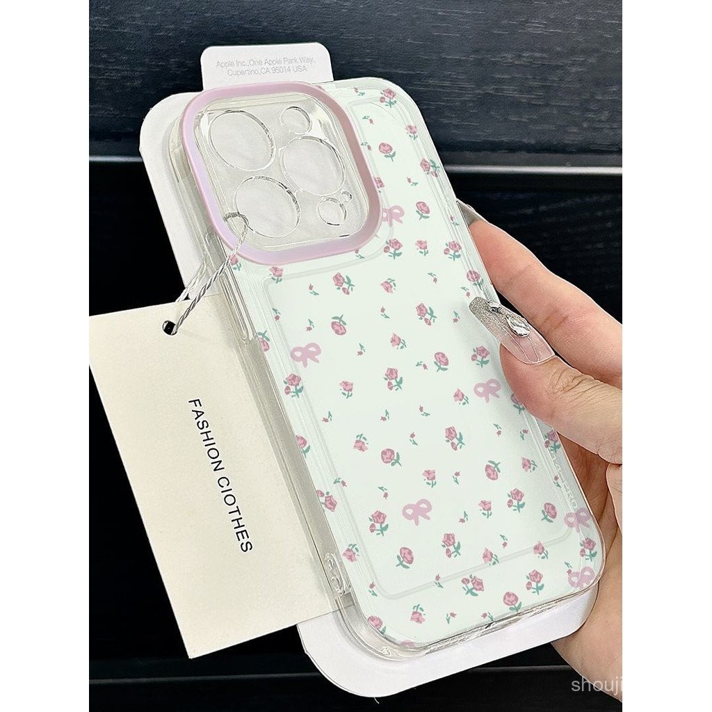 ลายดอกไม้สีชมพูเหมาะสำหรับ14PROMAX เคส iPhone iphone16/15เรียบง่าย13ช่อง12เคสนิ่ม11ใส