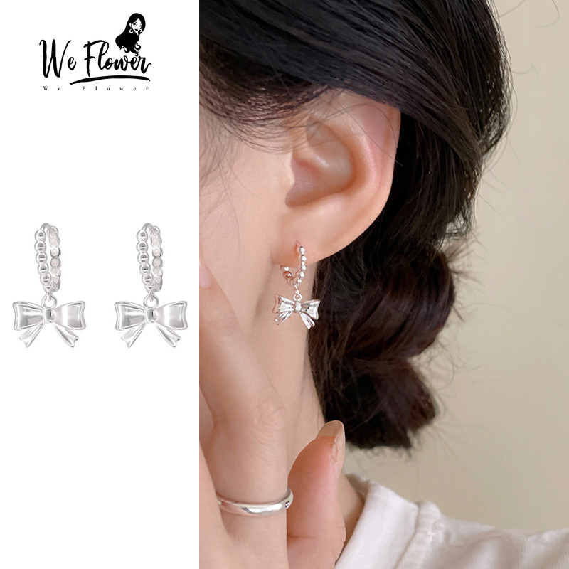 เราดอกไม้น่ารัก s925 เงิน Bowknot Hoop ต่างหูสําหรับผู้หญิงแฟชั่นสาวห้อยหูโบว์วงกลมเครื่องประดับอุปกรณ์เสริม