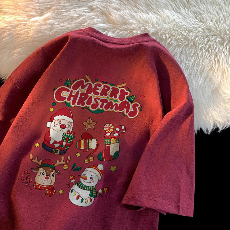 (จัดส่งตลอด 24 ชั่วโมง)Woo Right ผ้าฝ้าย100% เสื้อ christmas เสื้อยืดผ้าฟอก oversize ผ้าคอตตอน100% สไตส์อเมริกา L000