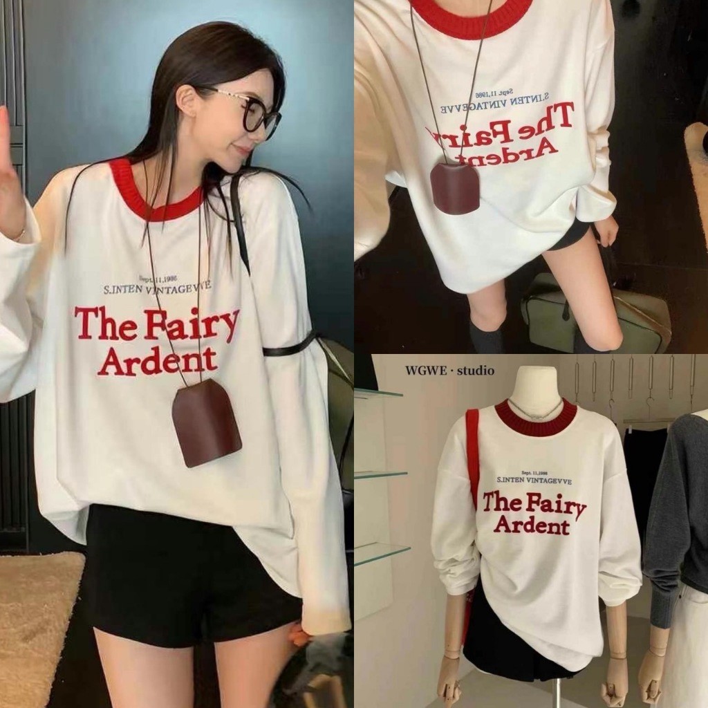 เสื้อแขนยาวผ้าทอ W2690 แต่งขอบคอสีแดง สกรีน The Fairy Ardent ทรงเกาหลี ทรงน่ารัก แฟชั่นเกาหลี TAG WG.WE
