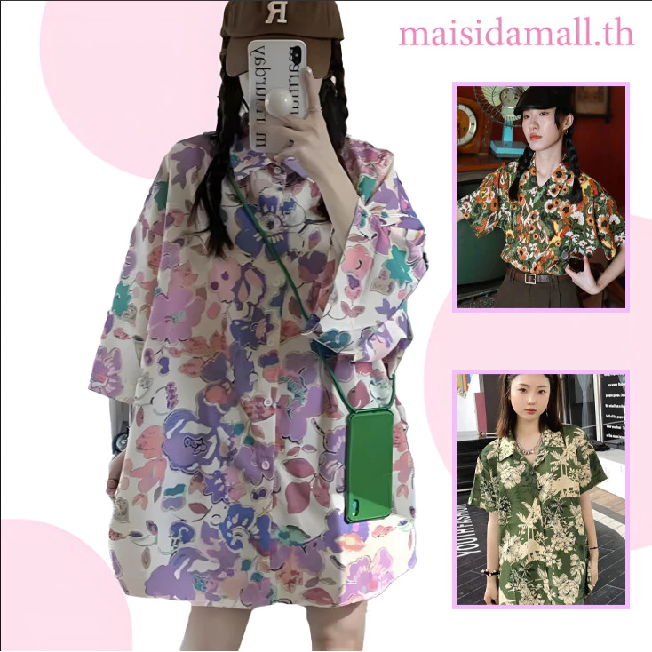 เสื้อเชิ้ตผู้หญิงแขนสั้นสไตล์ฮาวาย ลายดอกสีน้ำเงินม่วง thumbnail 10