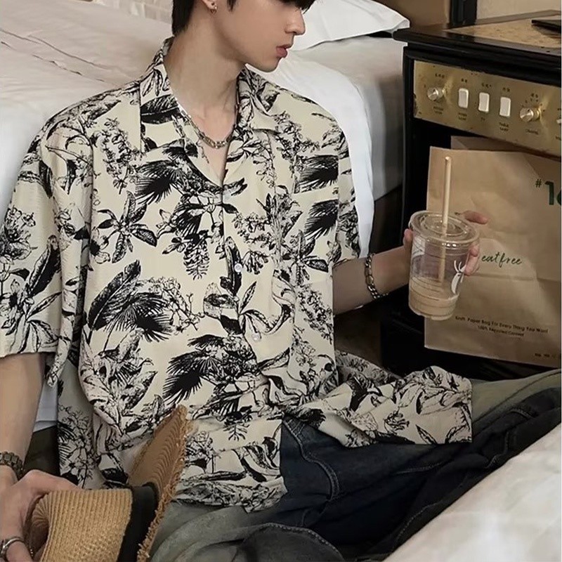 Eershenshi National Fashion Ink Blooming Shirt Mens Short-Sleeved Summer Beach Thai Flower Shirt Coat