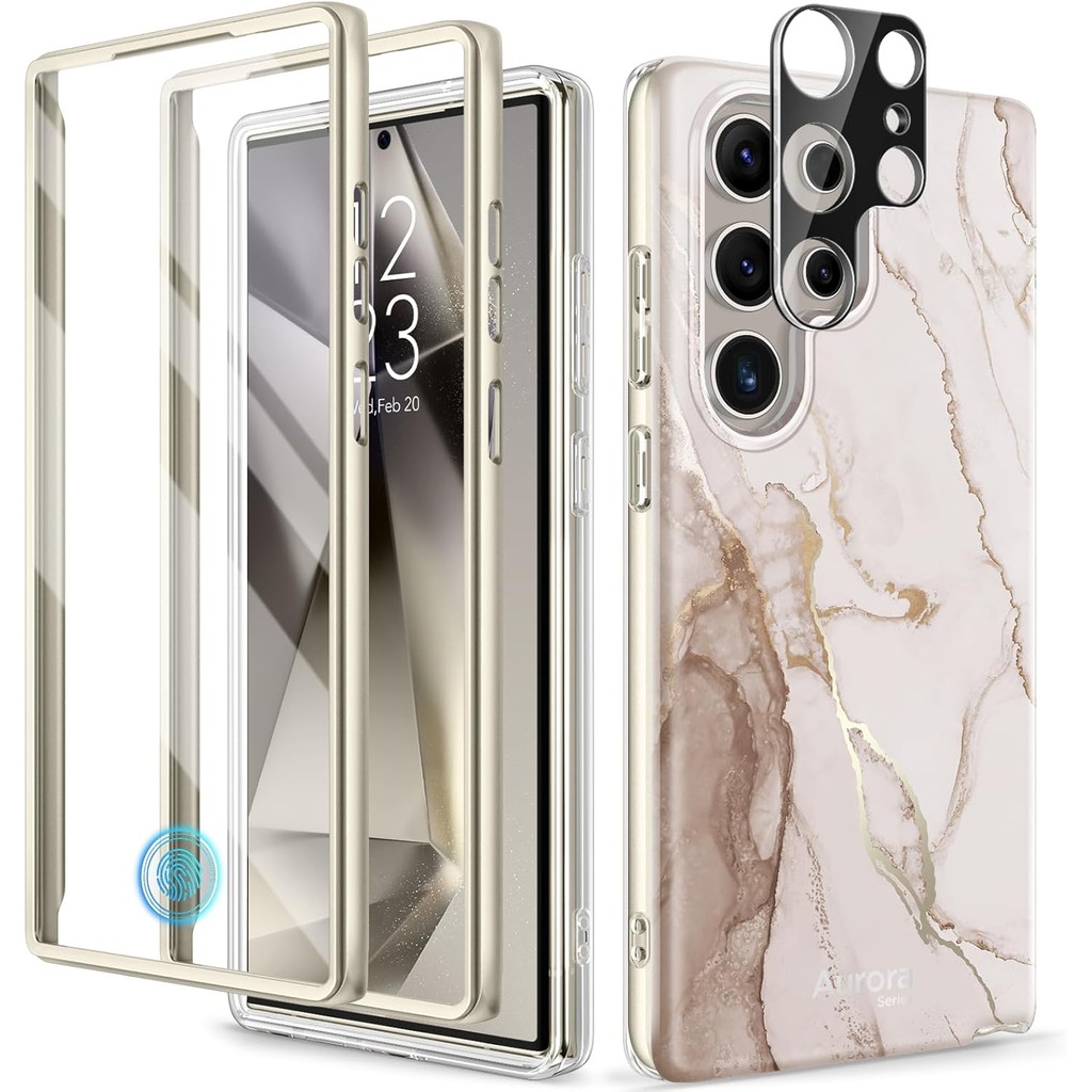 Gviewin ออกแบบสําหรับ Samsung Galaxy S24 Ultra Case, [ตัวป้องกันหน้าจอในตัว + ตัวป้องกันเลนส์กล้อง ][กรอบด้านหน้า 2 กรอบ] เกรดทหารป้องกันการตก,ฝาครอบโทรศัพท์หินอ่อนมีสไตล์(