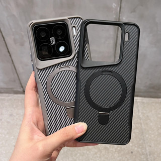 Hoce คาร์บอนไฟเบอร์รูปแบบแม่เหล็กเคสโทรศัพท์สําหรับ Xiaomi 15 Pro 14 Pro พร้อมวงเล็บที่มองไม่เห็นปกแข็ง