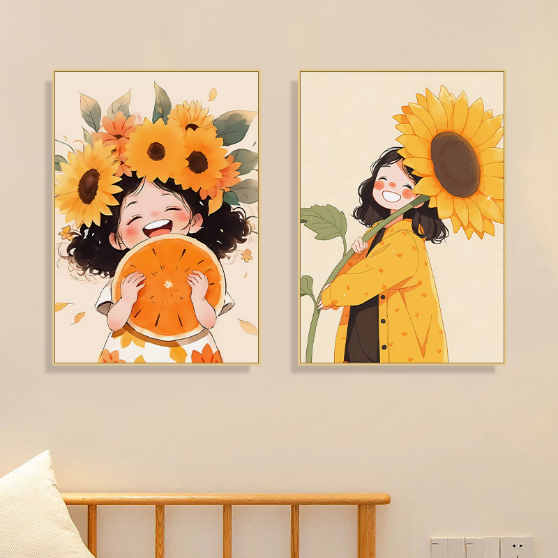 ผ้าใบลายทานตะวันและเดซี่ พร้อมกรอบ พิมพ์ภาพน่ารัก