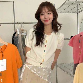 GAKKI เสื้อคาร์ดิแกนถักแขนสั้นคอกลมผู้หญิง เสื้อไหมน้ำแข็งถักไหล่ตรงสวยงามมากสำหรับผู้หญิง พร้อมส่ง รุ่น 3168#