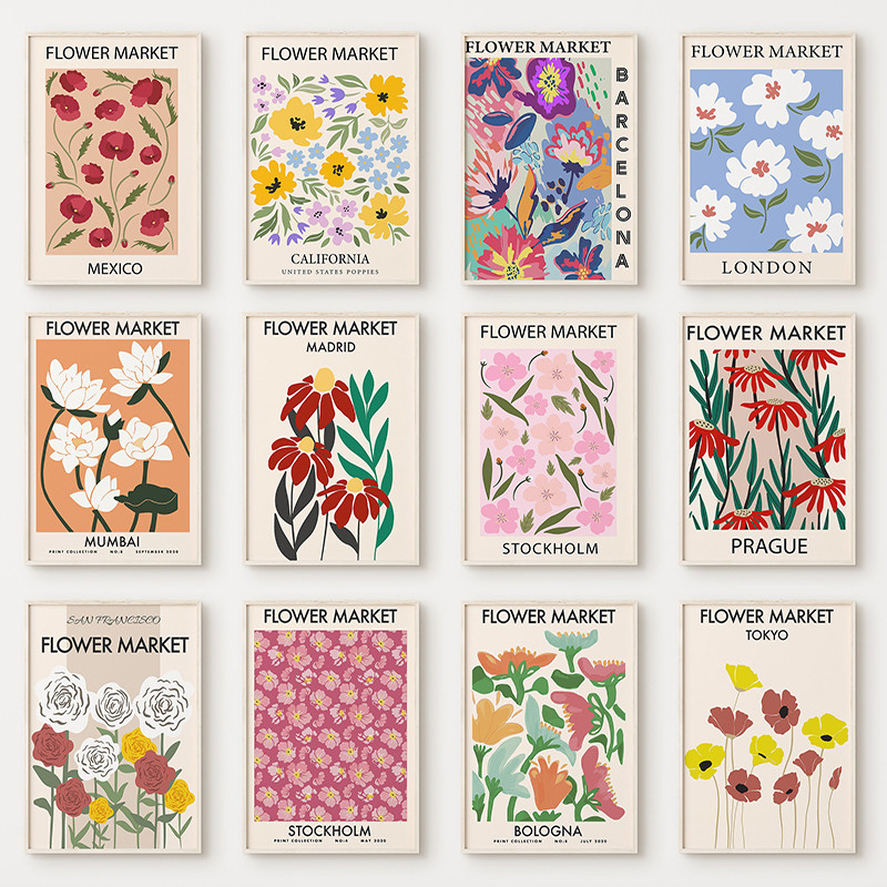 (พร้อมกรอบ) โปสเตอร์ดอกไม้ภาพวาดผ้าใบศิลปะนามธรรมตลาดดอกไม้พิมพ์ภาพนอร์ดิก