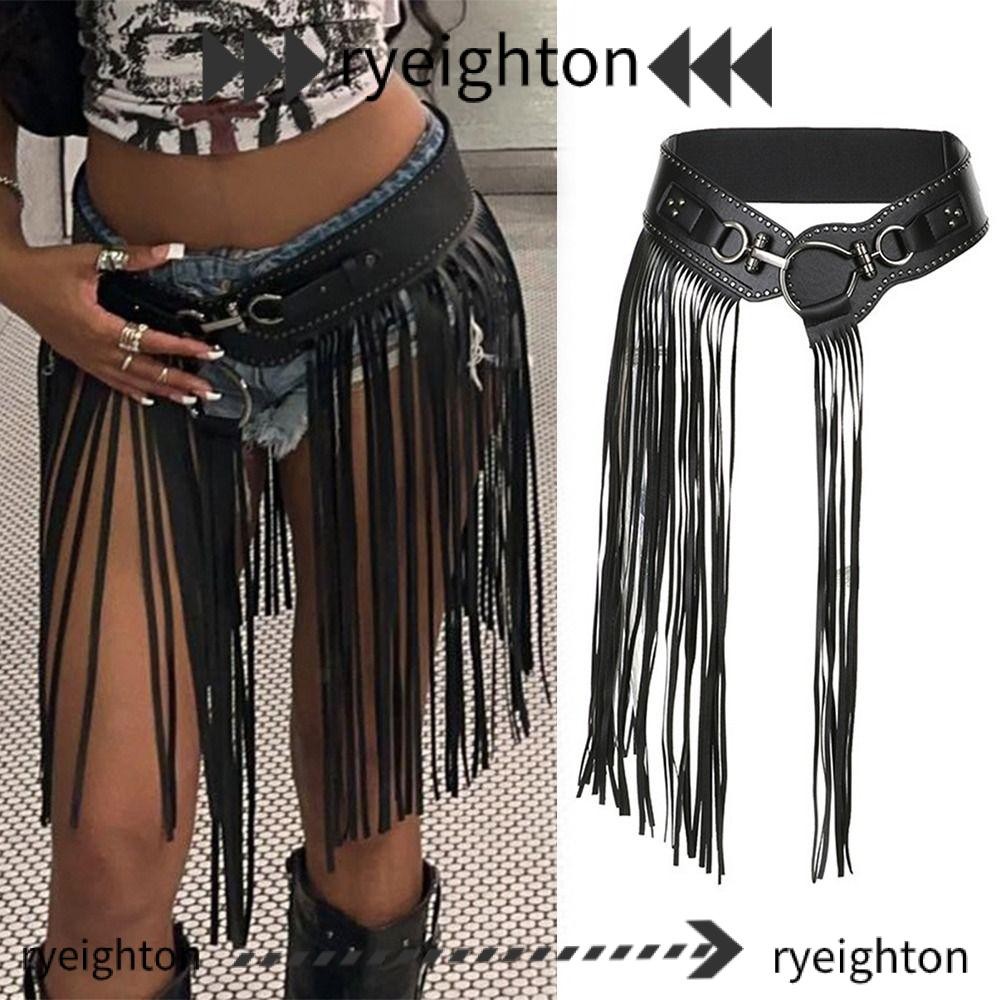 Ryeighton Punk เข็มขัด, PU หนังยาวพู่ Hiphop กางเกงยีนส์,กางเกงยีนส์ตกแต่ง Y2K โลหะ Studded รอบหัวเข็มขัดเข็มขัดเอวตกแต่งอุปกรณ์เสริม
