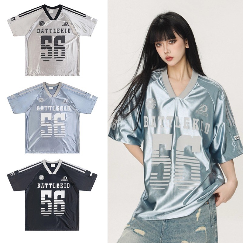 SUIKONE ซุยโคเนะ อเมริกันย้อนยุคความคมชัดสี โวลต์ คอแขนสั้นเสื้อยืดฤดูร้อนผู้ชายและผู้หญิงหลวมกีฬาสไตล์ เสื้อเจอร์ซีย์