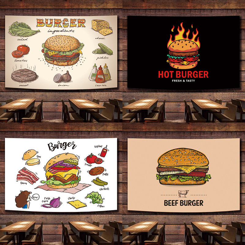 โปสเตอร์ตกแต่งผนังร้านอาหารฟาสต์ฟู้ดสร้างสรรค์ Agirl Burger มันฝรั่งทอด พิซซ่า ผ้าแขวน ผ้าพื้นหลัง ผ้าผนัง