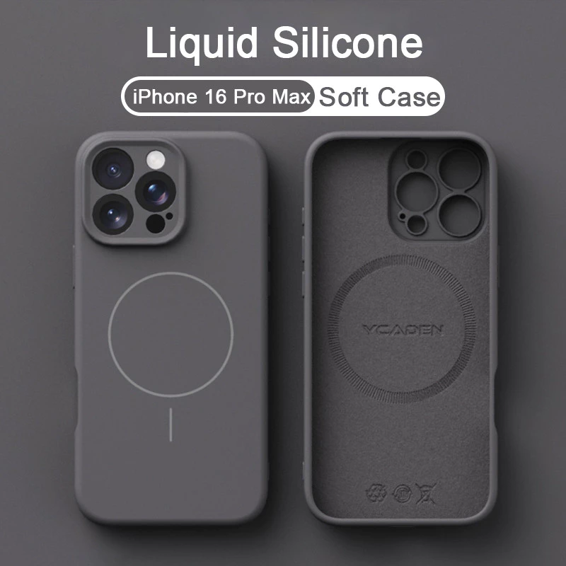 ซิลิโคนเหลวคาร์บอนสีเทา matte soft เคสโทรศัพท์สําหรับ iPhone 11 12 13 14 15 16 Pro Max 14 15 16 Plus X Xs XR Xs Max แม่เหล็กกันกระแทก