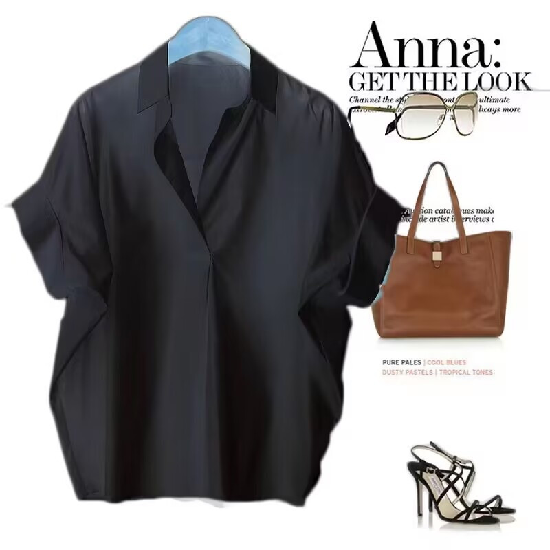 Retro สไตล์ฮ่องกงเสื้อแขนสั้นผู้หญิงฤดูร้อนสไตล์ใหม่แฟชั่น All-Match เสื้อสีขาวหลวมแขนค้างคาวคอ Top 