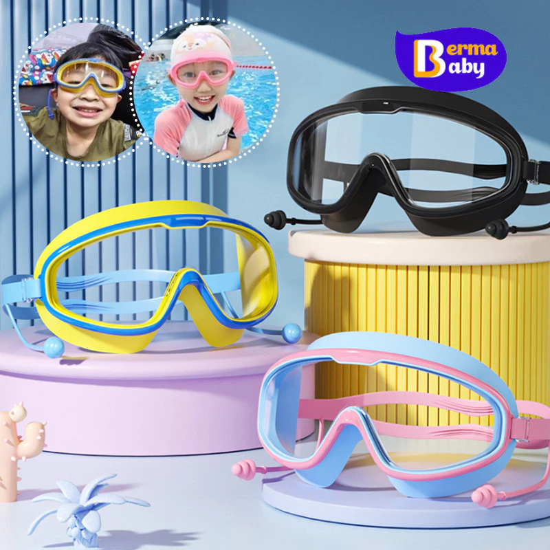 Berma Baby แว่นตาว่ายน้ําสําหรับเด็ก มีที่ปิดหูกันน้ำกัน กรอบใหญ่ กันน้ำกันหมอก HD ป้องกันแสงแดด