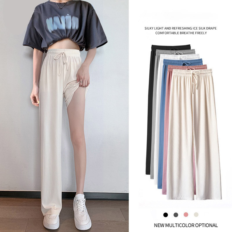 *พร้อมส่งในไทย* กางเกงขายาว สีพื้น ผ้าร่องซาร่า เอวยางยืด ขาปล่อย