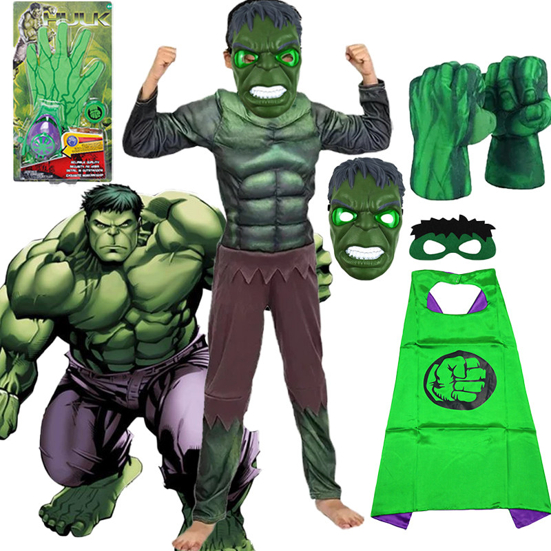 Marvel The Avengers Hulk เครื่องแต่งกายสําหรับเด็ก Boy Super hero สีเขียวกล้ามเนื้อชุดบอดี้สูท Led หน้ากากถุงมือของขวัญวันเกิดฮาโลวีน