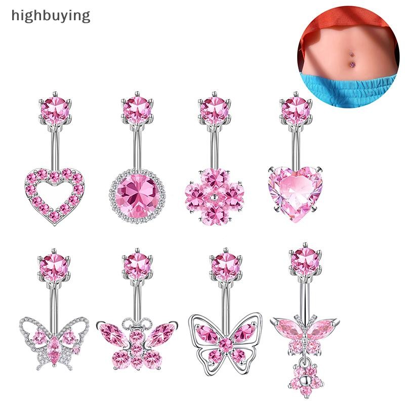 [การซื้อสูง] แฟชั่นหัวใจสีชมพูท้องปุ่มแหวนสําหรับผู้หญิงสาวน่ารักสแตนเลสเพทายสะดือแหวนเจาะร่างกายเครื่องประดับของขวัญหุ้นใหม