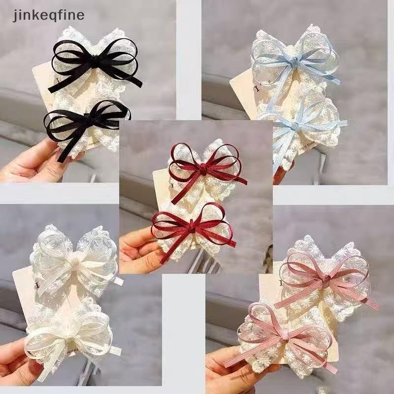 KTH 2 ชิ้นสีฟ้าสีแดงสีดํา Bow Hairpins ผ้าโบว์ด้านข้าง Bangs คลิปริบบิ้นด้านข้างผม Pins Barrettes Headwear สาวคู่คลิปร้อน