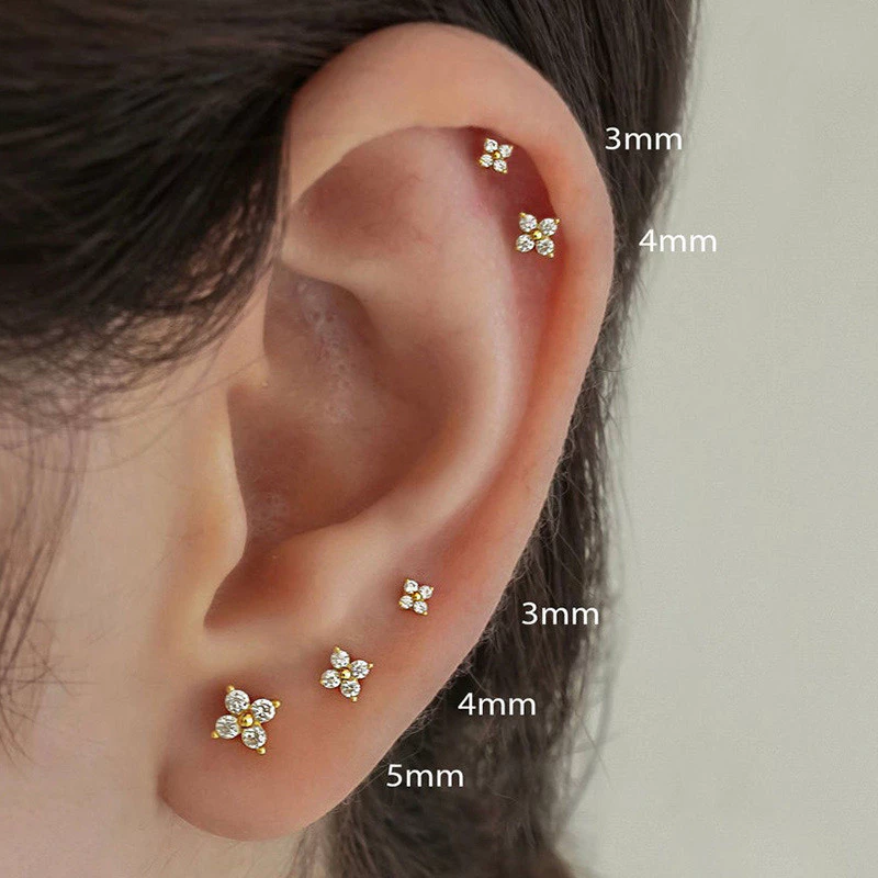 Dainty ดอกไม้ Gold Plated ต่างหูสําหรับผู้หญิงกระดูกอ่อนหูแหวน Zircon Gold/เงิน/rose Gold Clover Hypoallergenic เครื่องประดับสําหรับเด็กของขวัญ