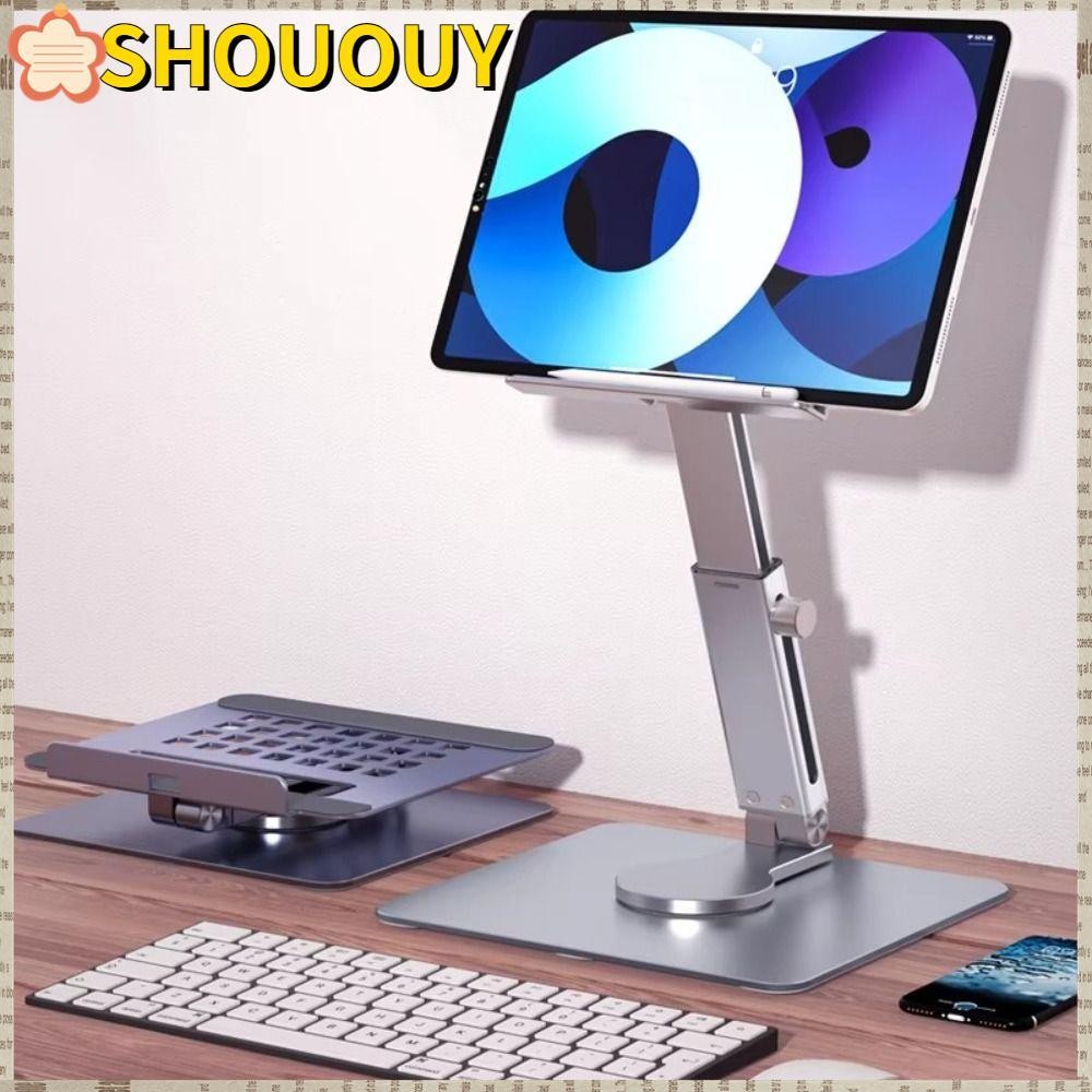 Souuy ขาตั้งแท็บเล็ต 360° ที่วางโทรศัพท์แบบพับได้แบบหมุนได้, อลูมิเนียมปรับความสูงได้หลายมุมยึดโต๊ะ
