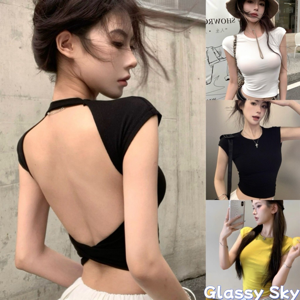 Glassy Sky💖พร้อมส่ง💖เสื้อครอปไหมพรมแขนสั้น เว้าหลัง เกาหลีสไตล์ มีฟองน้ำ ยืดตามตัวสวมใส่สบาย(FY5037)