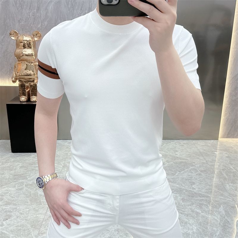 ท็อปเสื้อยืดผู้ชายฤดูร้อนลายทางผ้าไหมน้ำแข็งแขนสั้นทรงเข้ารูปเยาวชนหล่อคอกลมถักบาง