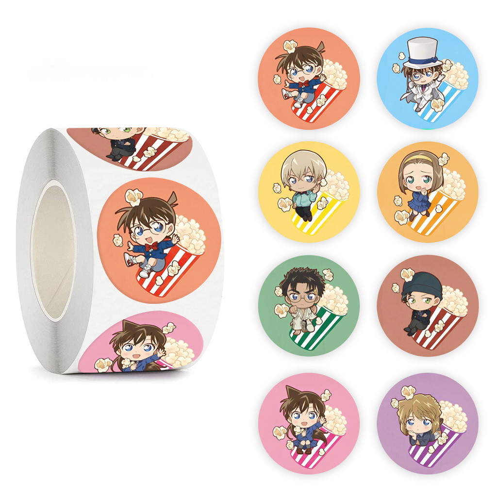 500 ชิ้น/ม้วน-Detective Conan Q-version สติกเกอร์ตัวอักษร Popcorn แท็กของขวัญบัญชีโน้ตบุ๊คสติกเกอร์ตกแต่ง