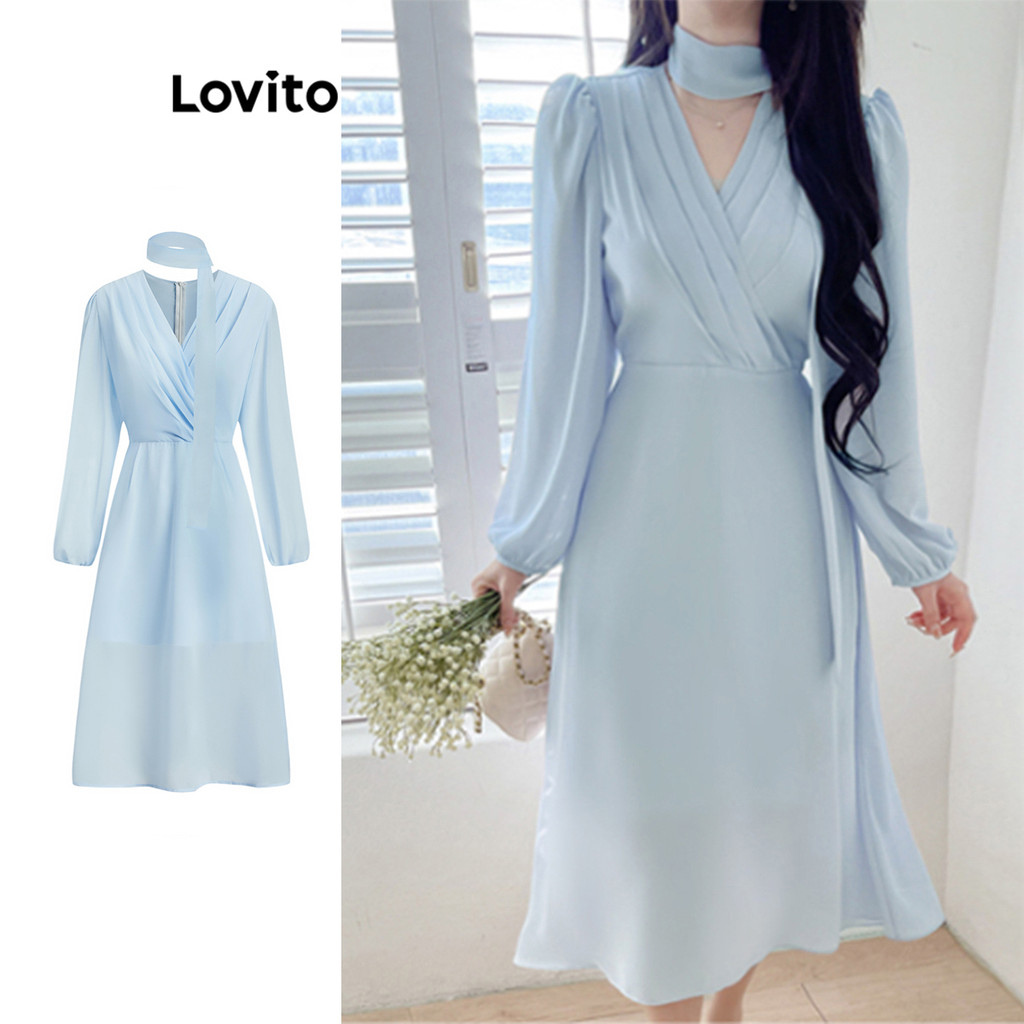 Lovito ชุดเดรสลูกไม้จีบเรียบหรูสำหรับผู้หญิง L105MD564