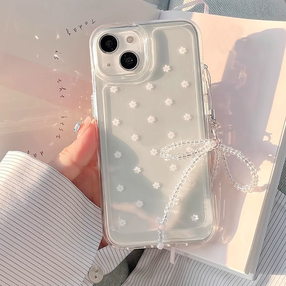 เกาหลีเต็มดอกไม้เล็กๆใสเคสโทรศัพท์bowknot CharmสําหรับIPhone 16 15 14 13 12 11 Pro Max X XR 8 7 Plusโปร่งใสกันกระแทกSoft TPUปกหลัง