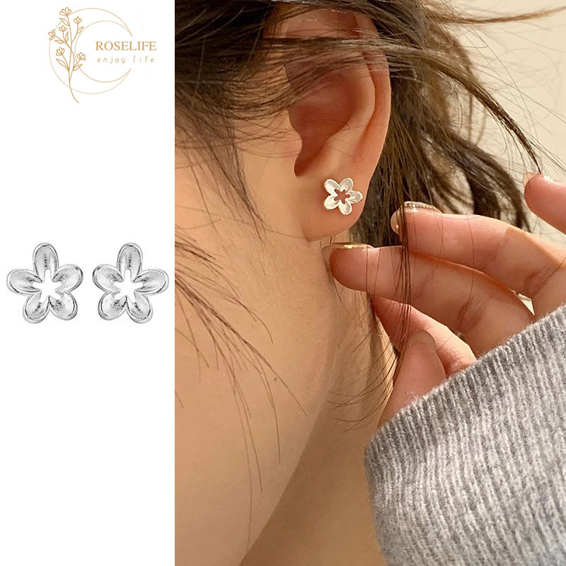 Roselife 1 คู่ S925 เงิน Hollow ดอกไม้ต่างหูผู้หญิงสาวหวาน Peach Blossom หูเครื่องประดับอุปกรณ์เสริม