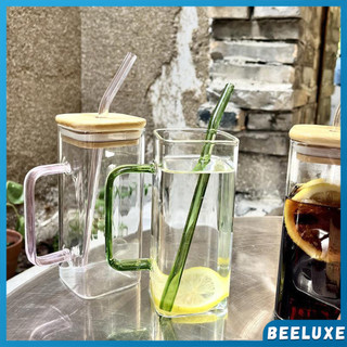 BeeLuxe400ml Creative Square Borosilicate Glass Cup with Colored Handle and Bamboo lid & Glass Straw