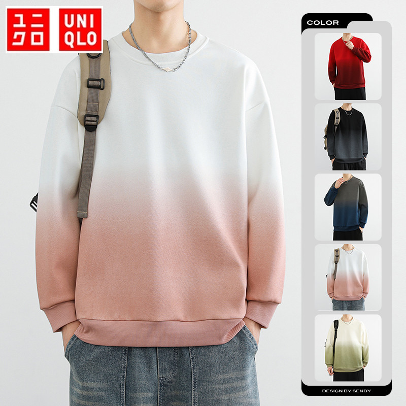 เสื้อสเวตเตอร์คอกลมลําลองผู้ชาย Uniqlo เสื้อยืดแขนยาว Heavyweight เสื้อสเวตเตอร์สีประกบ