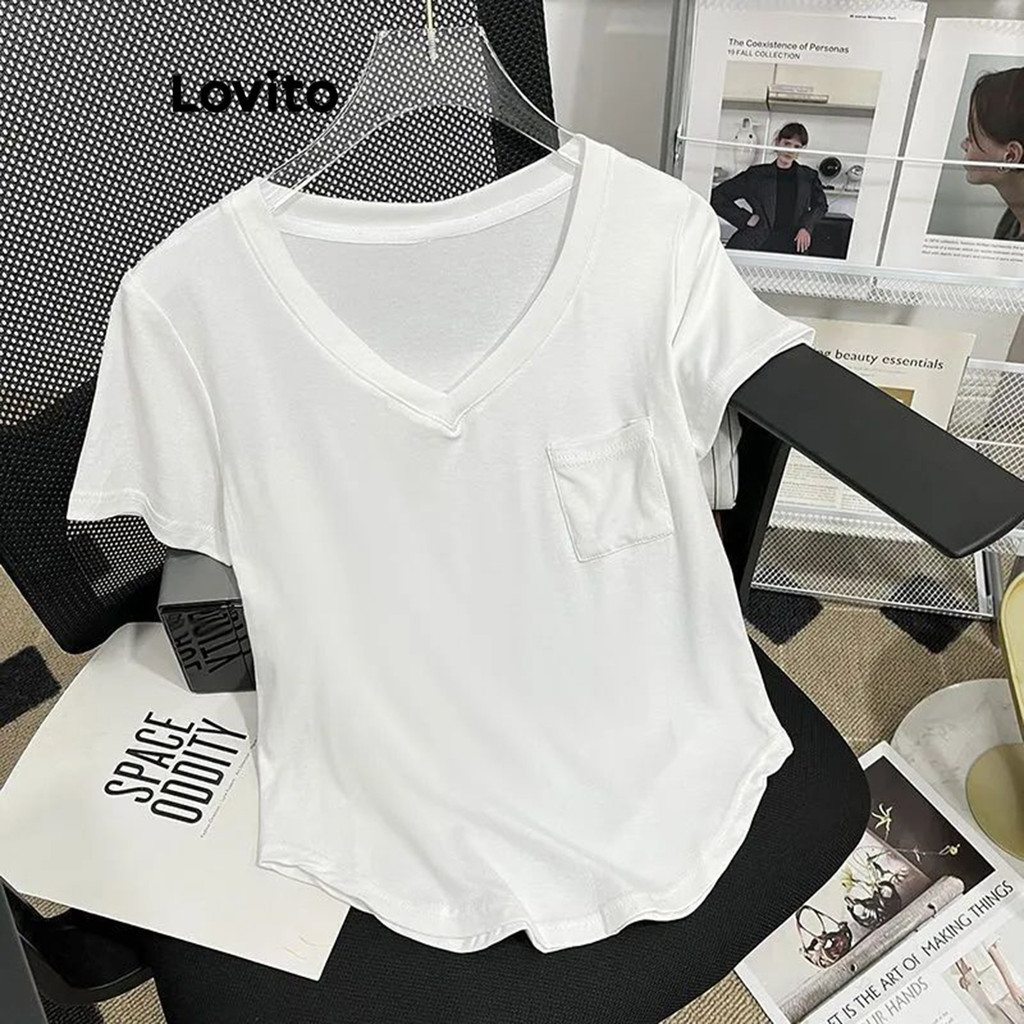 Lovito เสื้อยืดผู้หญิง แต่งกระเป๋า สีพื้น สไตล์ลำลอง LNE60189