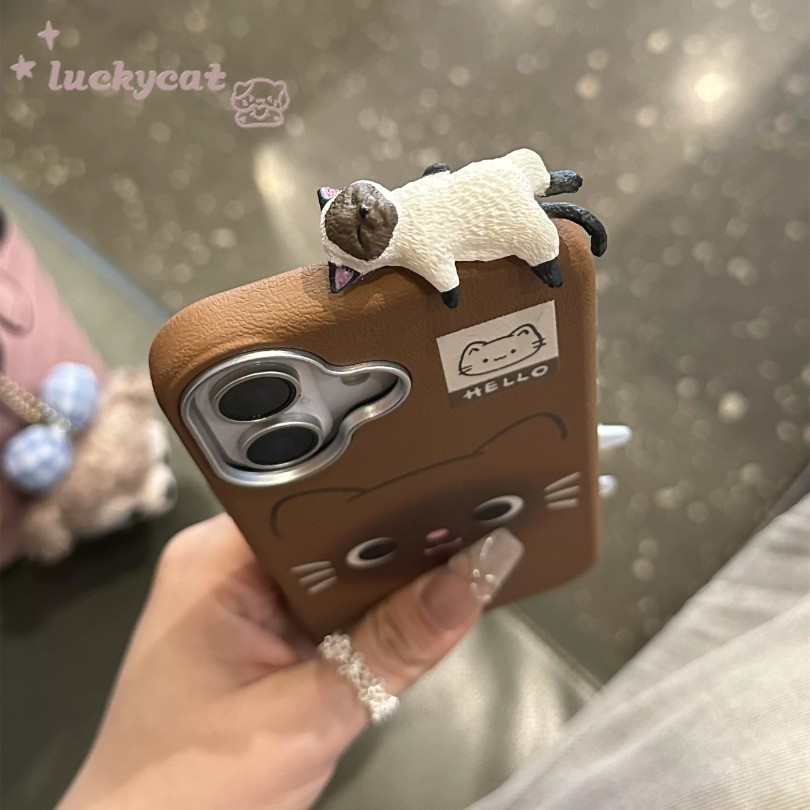 Iphone 16 15 14 13 12 11 Pro Max X Xr Xs Maxเคสโทรศัพท์Ins 3D DIYน่ารักสีดําFaceSoftปกหลังหนัง