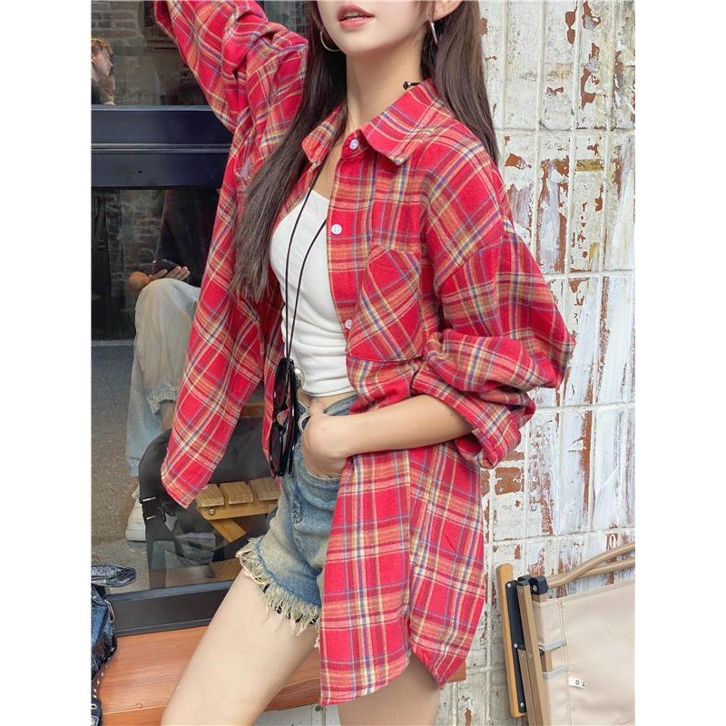 KOKO#เสื้อเชิ้ตลายสก๊อตสีแดง แขนยาวปกเสื้อแฟชั่นหลวมน่าสนใจ สำหรับสาวๆ ที่ชอบสไตล์วินเทจ #W514