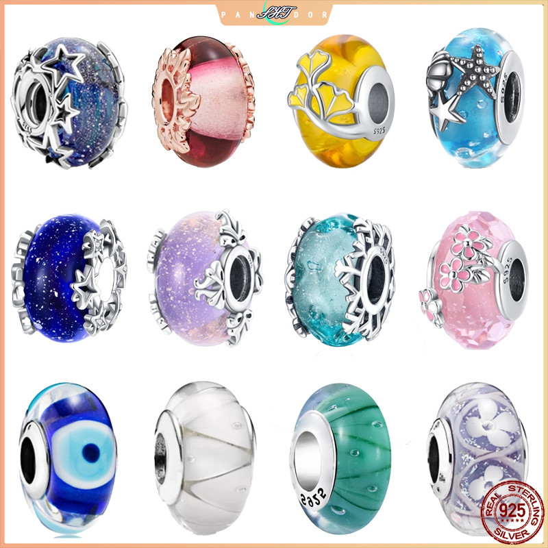 Charm 925 เงินสเตอร์ลิงดอกไม้ Murano ลูกปัดแก้วสร้อยข้อมือต้นฉบับแท้ Daisy Charms