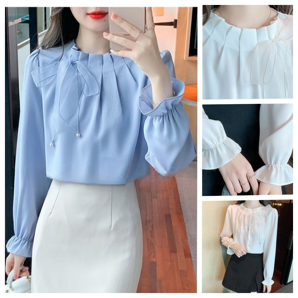 โบว์เสื้อชีฟองแขนยาวสําหรับฤดูใบไม้ผลิใหม่ของผู้หญิงบางและอเนกประสงค์ด้านบนแฟชั่นและมีสไตล์เสื้อสําหรับผู้หญิง
