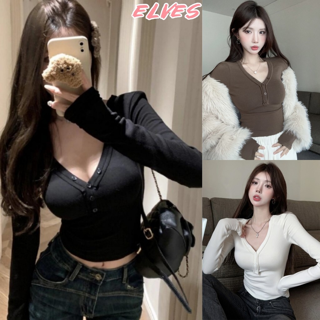 Elves พร้อม💟เสื้อแขนยาว  เกาหลีสไตล์ ผ้านิ่มยืดตามตัว เสื้อยืด รัดรูป เสื้อยืด คอวี "FY816"