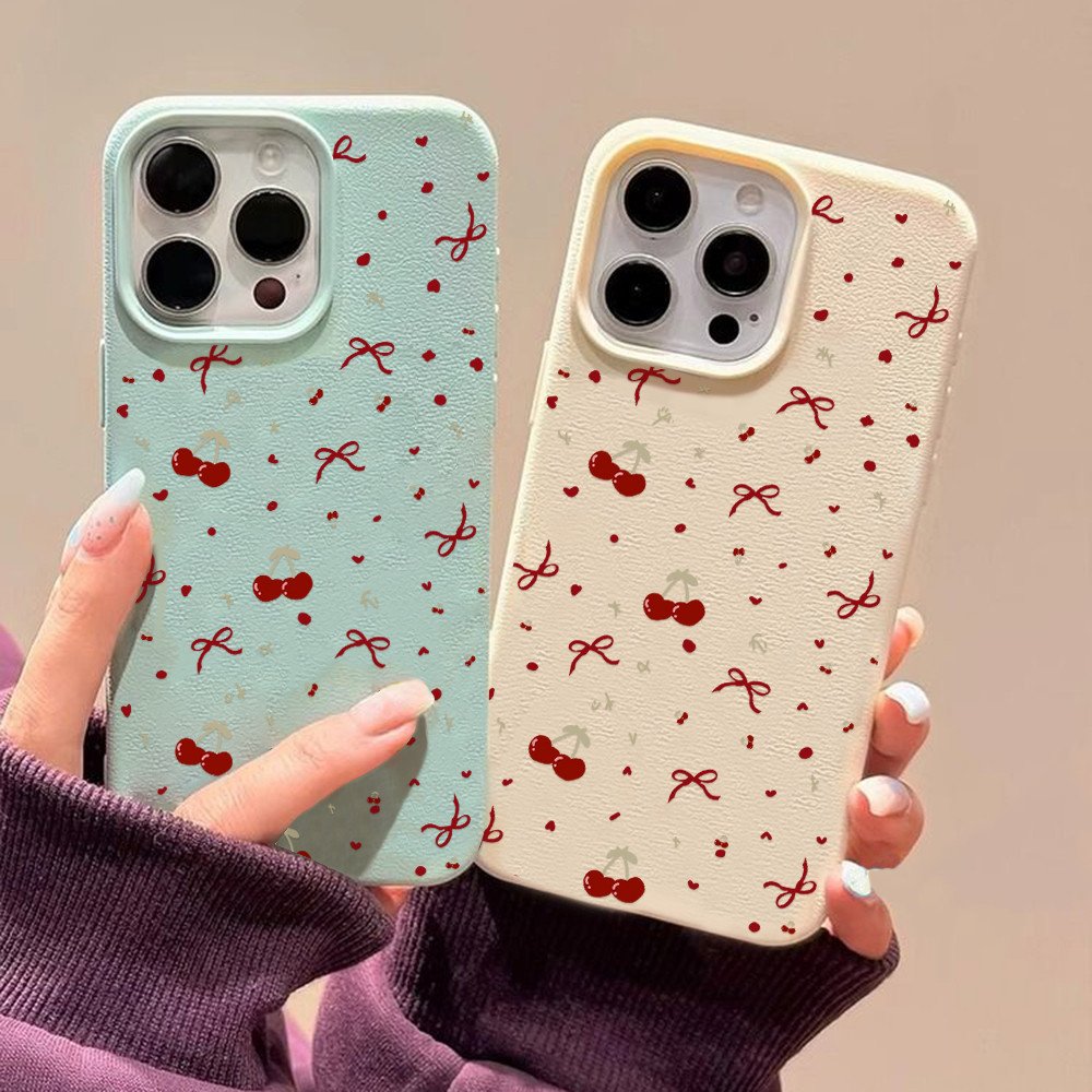 เชอร์รี่ เคสโทรศัพท์หนัง เคส iPhone 16 15 13 11 Pro Max 14 12 XR XS Max เคสโทรศัพท์แบบนุ่มกันกระแทกสีทึบเรียบง่าย-PW
