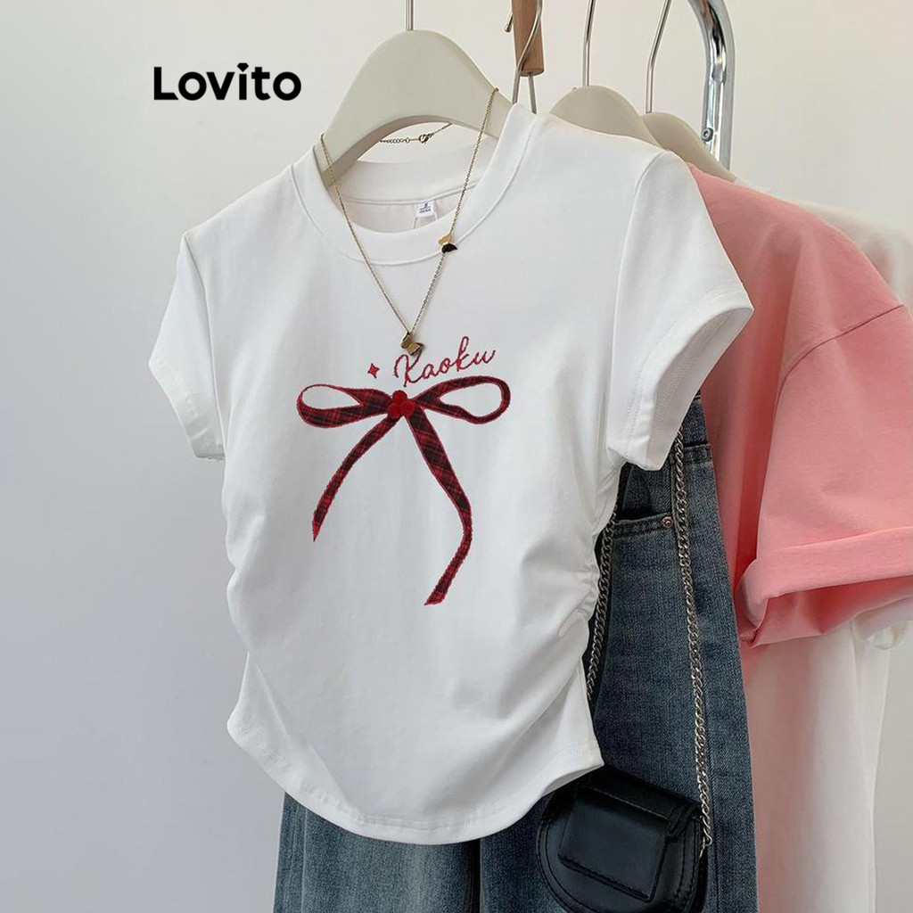 Lovito เสื้อยืดผู้หญิง พิมพ์ลาย สีพื้น สไตล์ลำลอง LNE64146