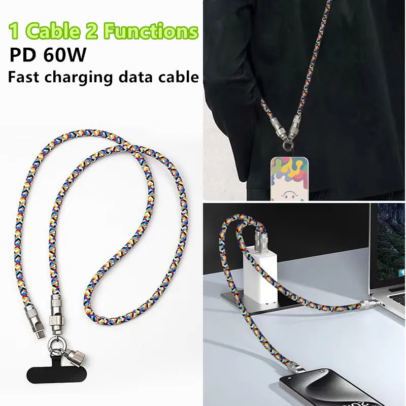 Twitch 0.3M 1.2M PD60W ประเภท C ถึง Type C สายชาร์จเร็ว PD27W ประเภท C ถึง iOS แฟชั่น Lanyard สายชาร