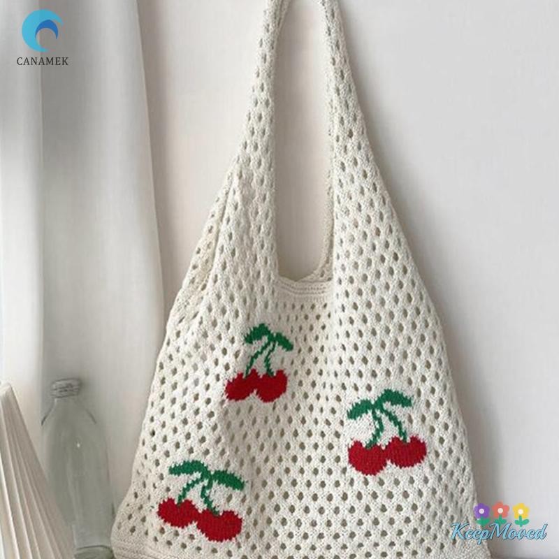 Keepmoved new I-Knitted Bag กระเป๋าถัก กระเป๋าโท้ทความจุขนาดใหญ่ กระเป๋าสะพายเชอร์รี่ ใหม่