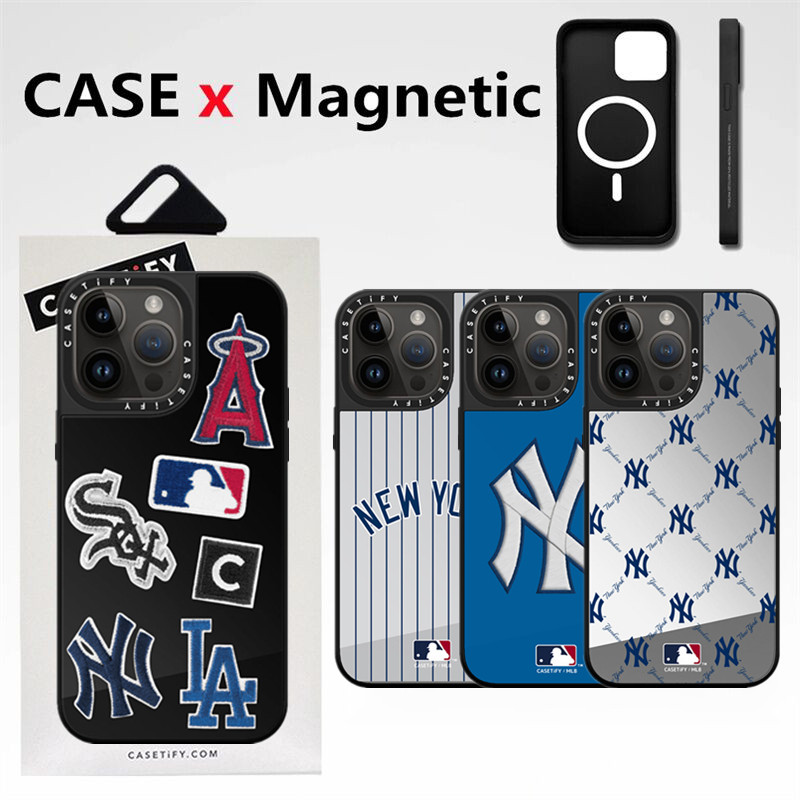 Casetifg ป้ายอินเทรนด์ MLB NY กระจกเคสโทรศัพท์แม่เหล็กพร้อมกล่องสําหรับ iPhone 16 15 14 13 12 Pro Max 16 Plus Soft Side Fon Casing กันกระแทก Hard PC ฝาหลัง