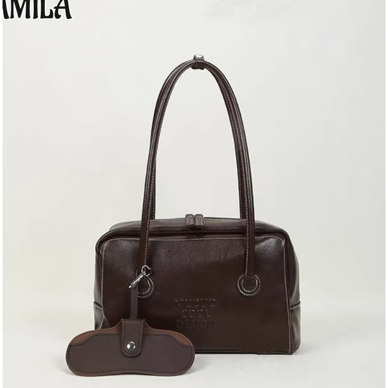 Amila กระเป๋าสะพายไหล่ผู้หญิงRetro Bowlingเวอร์ชั่นเกาหลีอเนกประสงค์Ins niche simple pu Bostonกระเป๋าสะพายแบบพกพาความจุขนาดใหญ่