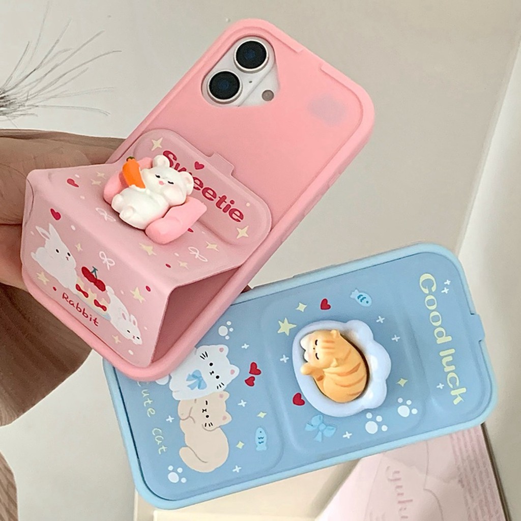 เคสโทรศัพท์สําหรับiphone 16 15 Pro Max 14 13 12 11 3Dการ์ตูนกระต่ายCat Decor Creativeพับกลับขาตั้งTPU PUหนังAnti-Scratchโทรศัพท์มือถือนุ่มFall-Proofเกราะป้องกัน