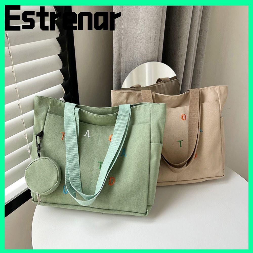 กระเป๋าถือผ้าแคนวาส ESTRENAR กระเป๋าโท้ทสีทึบความจุขนาดใหญ่แฟชั่นพร้อมกระเป๋าใบเล็กกระเป๋าสะพายปักตัวอักษรสําหรับผู้หญิง