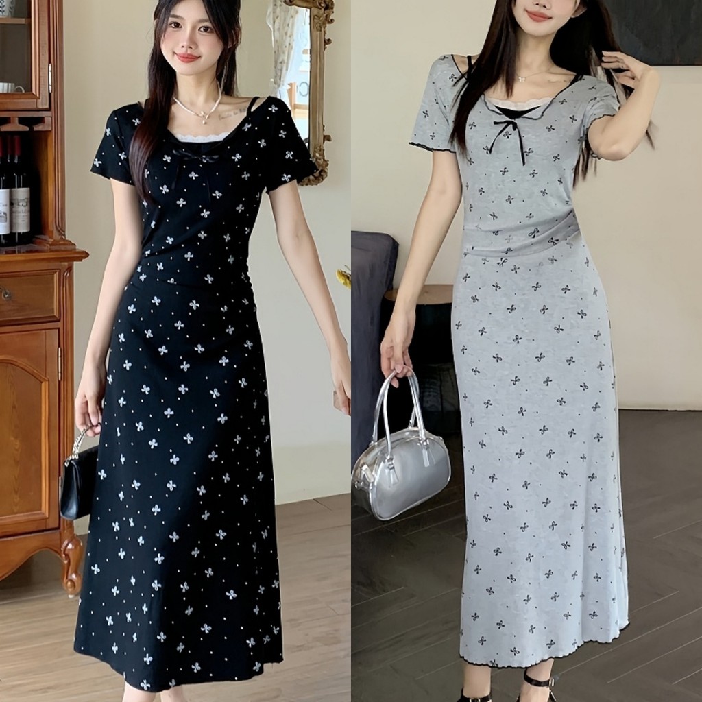 Suysuy พร้อมส่ง เดรสยาว แขนสั้น สม็อคเอว แต่งสายเดี่ยวลายโบว์สไตล์สาวเวียดนาม เนื้อผ้าเรยอน นุ่มนิ่ม