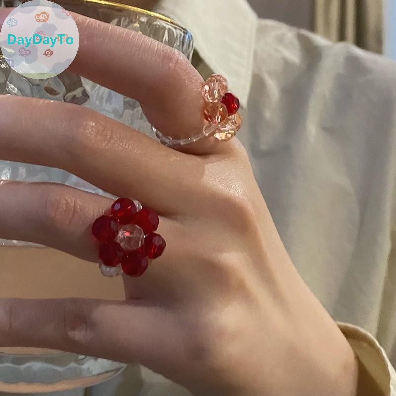 Daydayto Vintage คริสตัลลูกปัดดอกไม้แหวนลูกปัด Handmade ทอดอกไม้แหวนผู้หญิง Bohemian เครื่องประดับสาวของขวัญ TH